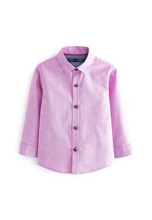Langärmeliges, hellviolettes Hemd mit Knöpfen, Kragen, fünf schwarzen Knöpfen und leicht geschwungenem Saum, flach auf weißem Hintergrund präsentiert.
