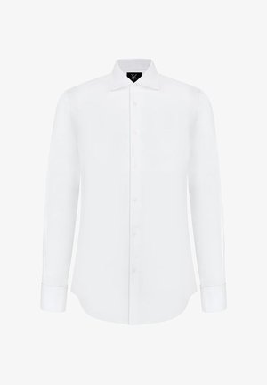 Biała koszula z długim rękawem, z kołnierzykiem, zapinana na guziki z przodu, z francuskimi mankietami. Gładka tkanina bez wzorów i widocznych akcentów hardware'owych.