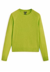 Pull en laine vert avec encolure ronde, manches raglan et ourlet côtelé. Texture douce avec une couleur unie sans motifs ni ornements visibles.