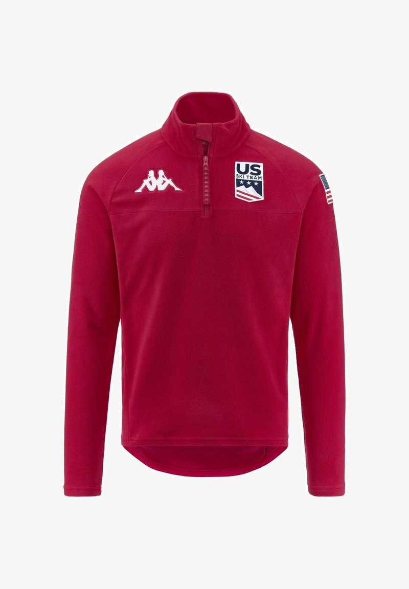 Pullover in pile rosso con zip a quarto di giro, logo Kappa bianco, patch della squadra olimpica di sci degli Stati Uniti e dettaglio con bandiera americana sulla manica. Tessuto liscio, maniche lunghe.