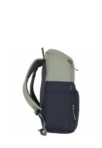 Zaino bicolore grigio e blu navy con spallacci imbottiti, tasca frontale con zip e chiusura superiore con zip, mostrato di lato.