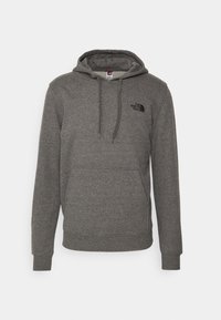 Felpa grigia realizzata in tessuto morbido, con tasca a marsupio, cappuccio con coulisse e un piccolo logo nero sul lato sinistro del petto.