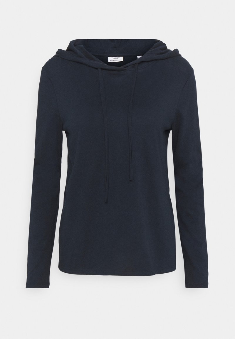 Dunkelblaues Sweatshirt mit Kapuze und langen Ärmeln aus weichem Material, das eine Kordel am Ausschnitt und eine lockere Passform bietet.
