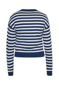 Marineblauer und weiß gestreifter Pullover mit langen Ärmeln, rundem Halsausschnitt und geripptem Saum, aus weichem Strickmaterial hergestellt.