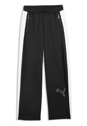 Czarne spodnie sportowe z białymi bocznymi paskami, dwoma przednimi kieszeniami na zamek, elastycznym pasem i logo Puma na dolnej części lewej nogawki.