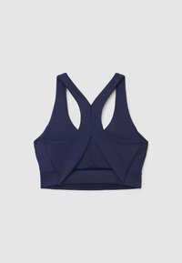 Marineblauer Sport-BH mit Racerback-Design. Verfügt über ein strukturiertes Gewebe und ein dreieckiges Cut-out-Detail am Rücken. Weiches, dehnbares Material.