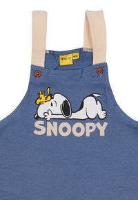 Canottiera in cotone blu con spalline beige, caratterizzata da una grafica di Snoopy e Woodstock, e il testo "SNOOPY" di colore crema sotto.