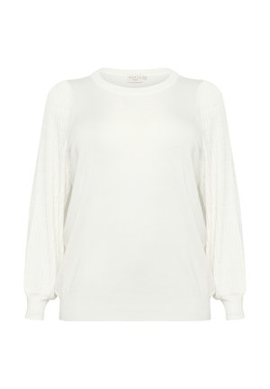 Vit stickad tröja med rund halsringning, texturerade puffärmar och ribbstickade muddar och fåll för en avslappnad passform.