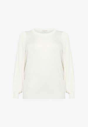 Bel bela pletena puloverka z okroglim izrezom, teksturiranimi pufastimi rokavi ter rebrastimi manšetami in robom za sproščen fit.