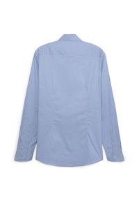 Camicia azzurra a maniche lunghe con colletto, polsini con un bottone e una texture liscia. Presenta un design con schiena plissettata.