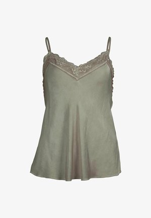 Gaiši zaļš kamzols ar mežģīņu apdari. Satur regulējamās siksnas, V formas izgriezumu un plūstošu, maigu tekstūru.