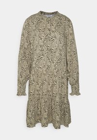 Abito a maniche lunghe con stampa floreale in beige e nero, dotato di scollatura rotonda, dettaglio con bottoni e orlo a balze stratificate.