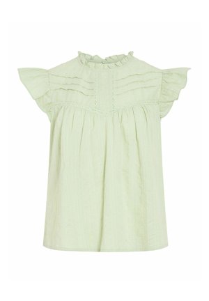 Blouse vert clair à manches courtes avec col à volants, bordure en dentelle, plis cousus sur le devant et manches volantées, présentée sur fond blanc.