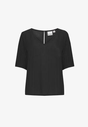 Crna bluzica kratkih rukava s V-izrezom i detaljem zatvarača na leđima. Izrađena od glatke tkanine s oversized, opuštenim krojem.