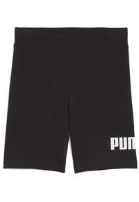 Juodi sportiniai šortai iš tamprios medžiagos. Turi platų liemens juostą ir baltus blokinius užrašus apatiniame kairiajame kampe.