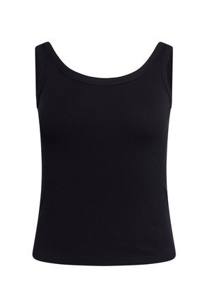 Sort ribbet ærmeløs cropped tanktop med brede skulderstropper og rund halsudskæring.