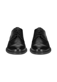 Black leather lace-up shoes with decorative brogue detailing, rounded toe, and textured rubber sole, featuring clean lines and polished finish.