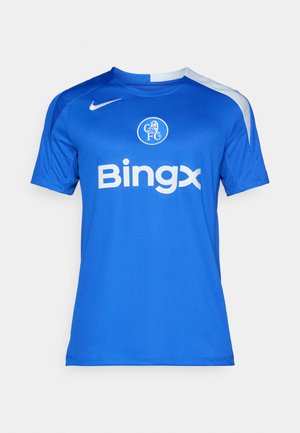 Maillot de sport bleu en tissu léger, avec des manches courtes, logo Nike, et le texte blanc "Bingx" ainsi qu'un blason d'équipe sur le devant.