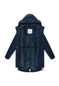 Navy blue jacket with a hood, snap buttons, and a smooth inner lining. Features a label at the collar and an elastic waistband detail.