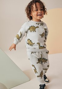 Grå dinosaurmønstret sæt bestående af en sweatshirt med rund hals og matchende bukser, begge med ribbede manchetter og en blød tekstur.