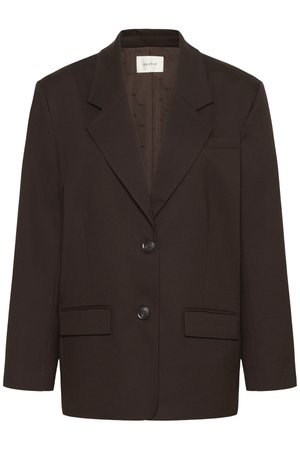 Mørkebrun blazer med notch lapels, to frontlommer med klaff, to knapper og en brystlomme fra Gestuz.