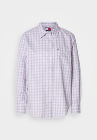 Long-sleeve button-up shirt in light purple with plaid pattern. Cotton fabric, standard collar, and adjustable cuffs. Features chest pocket.