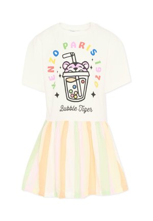 Vestito bianco a maniche corte con testo colorato "Kenzo Paris 1970", grafica di bubble tea con volto di tigre e gonna a righe pastello.