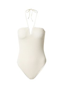Maillot de bain une pièce blanc en tissu texturé, avec un lien autour du cou, un décolleté en V profond et un design sans coutures.