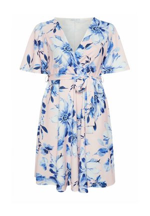 Vestito avvolgente rosa con maniche corte a volant e stampa floreale blu, cintura in vita annodata, lunghezza al ginocchio, tessuto leggero.