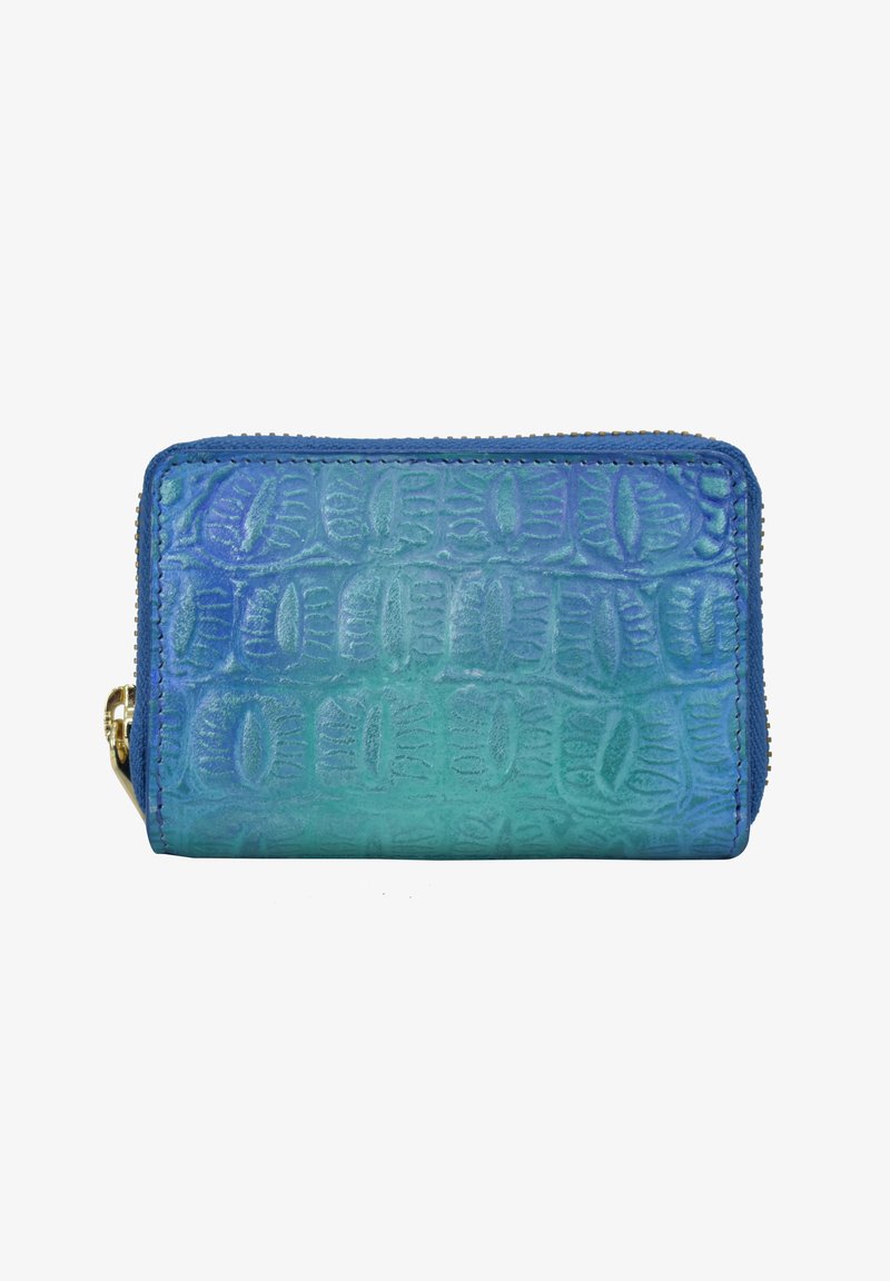 Blauw-groene textuur leren portemonnee met reliëfpatroon en gouden ritsluiting langs de rand, weergegeven van voren.