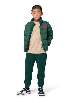 Doudoune verte avec un patch rouge, T-shirt beige à motifs, survêtement vert foncé et baskets noir et blanc. Textures lisses dans l'ensemble.