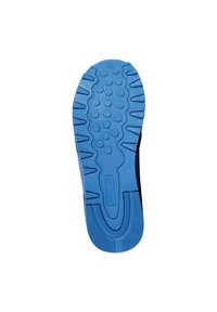 Sola di scarpa in gomma blu con motivi di presa testurizzati, inclusi design circolari e lineari, e una scanalatura centrale per flessibilità.