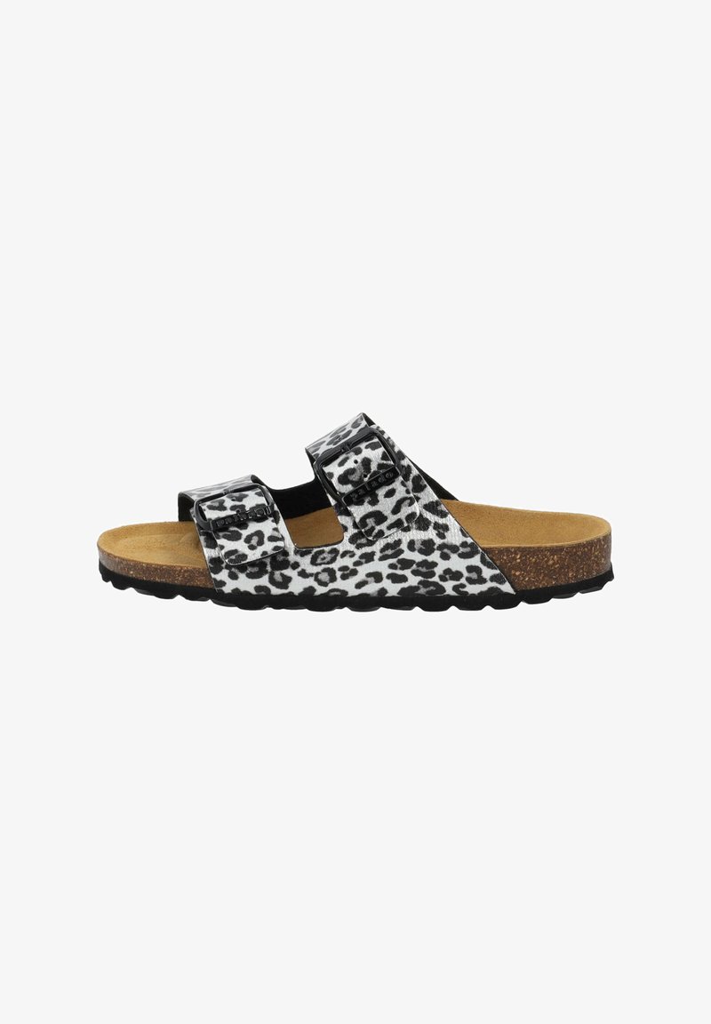 Open-toe sandal with two adjustable black and white leopard print straps, cork footbed, and black textured sole.