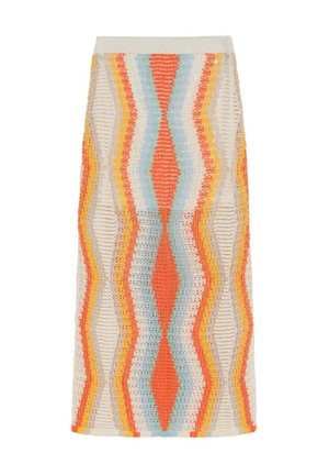 Falda midi de punto con patrones zigzag verticales en tonos naranja, azul claro, amarillo y beige.