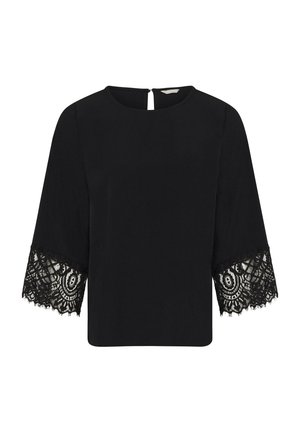 Black top made of a smooth fabric, featuring three-quarter length sleeves adorned with intricate black lace accents and a keyhole back.