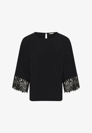 Fekete felső sima anyagból, háromnegyedes ujjakkal, melyeket finom fekete csipke díszít, és kulcslyuk alakú hátulja van.