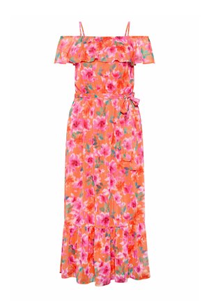 Oranssi kukkakuosinen, olkapäät paljastava maksi-mekko, jossa ohuet olkaimet, röyhelöinen pääntie, vyötärönauha ja kerroksittain laskeutuva helma.