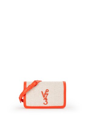 Sac bandoulière beige tissé avec garniture en cuir orange et sangle réglable, avec logo orange "Vf 3" sur le rabat avant.
