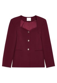 Burgundy räätälöity bleiseri, jossa on neliönmuotoinen pääntie, viisi kultasävyistä nappia ja kaksi etutaskua. Sen pinta on sileä ja muotoilu on rakenteellinen.