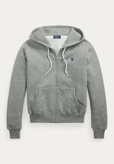 Γκρι φούτερ με φερμουάρ και κουκούλα, μπροστινές τσέπες, λευκά κορδόνια και μικρό μπλε λογότυπο Polo Ralph Lauren στο στήθος.
