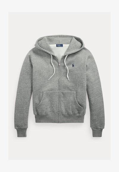 Γκρι φούτερ με φερμουάρ και κουκούλα, μπροστινές τσέπες, λευκά κορδόνια και μικρό μπλε λογότυπο Polo Ralph Lauren στο στήθος.