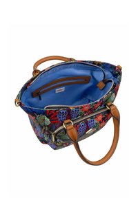 Sac à main en tissu à motifs floraux colorés avec des poignées en cuir beige, un intérieur bleu et plusieurs compartiments zippés.