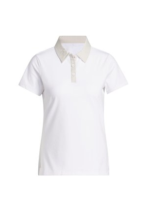 White short-sleeve polo shirt with beige collar and three-button placket, displayed on a plain white background.