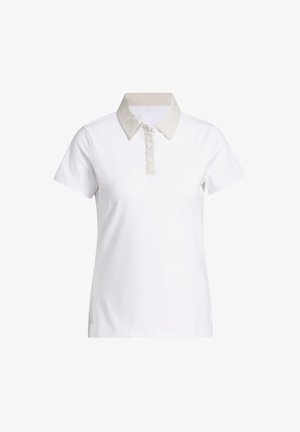 Bela polo majica s kratkimi rokavi in bež ovratnikom ter trirazprsno zadrgo, prikazana na navadni belem ozadju.