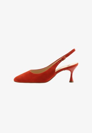 Red suede slingback pump with pointed toe, adjustable buckle strap, and flared mid-height heel.