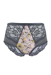 Szare, wysokie majtki z koronkowym haftem na przezroczystej siateczce. Posiadają skomplikowane koronkowe wykończenie i miękkie wykończenie, podkreślające kobiecy design.