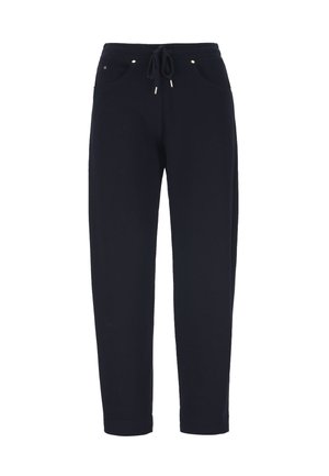 Temno modre hlače z zgornjim delom na zavezovanje, sprednjimi žepekoma in ozkimi ravnimi hlačnicami, prikazane na belem ozadju.