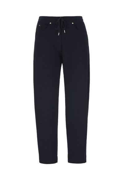 Navy blue pants with a drawstring waist, front pockets, and slim straight legs, displayed against a white background.