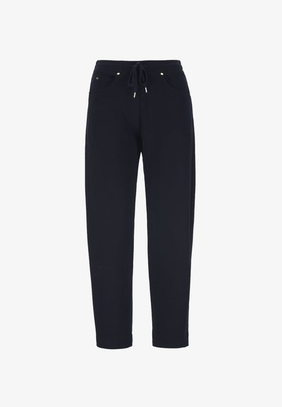 Navy blue pants with a drawstring waist, front pockets, and slim straight legs, displayed against a white background.