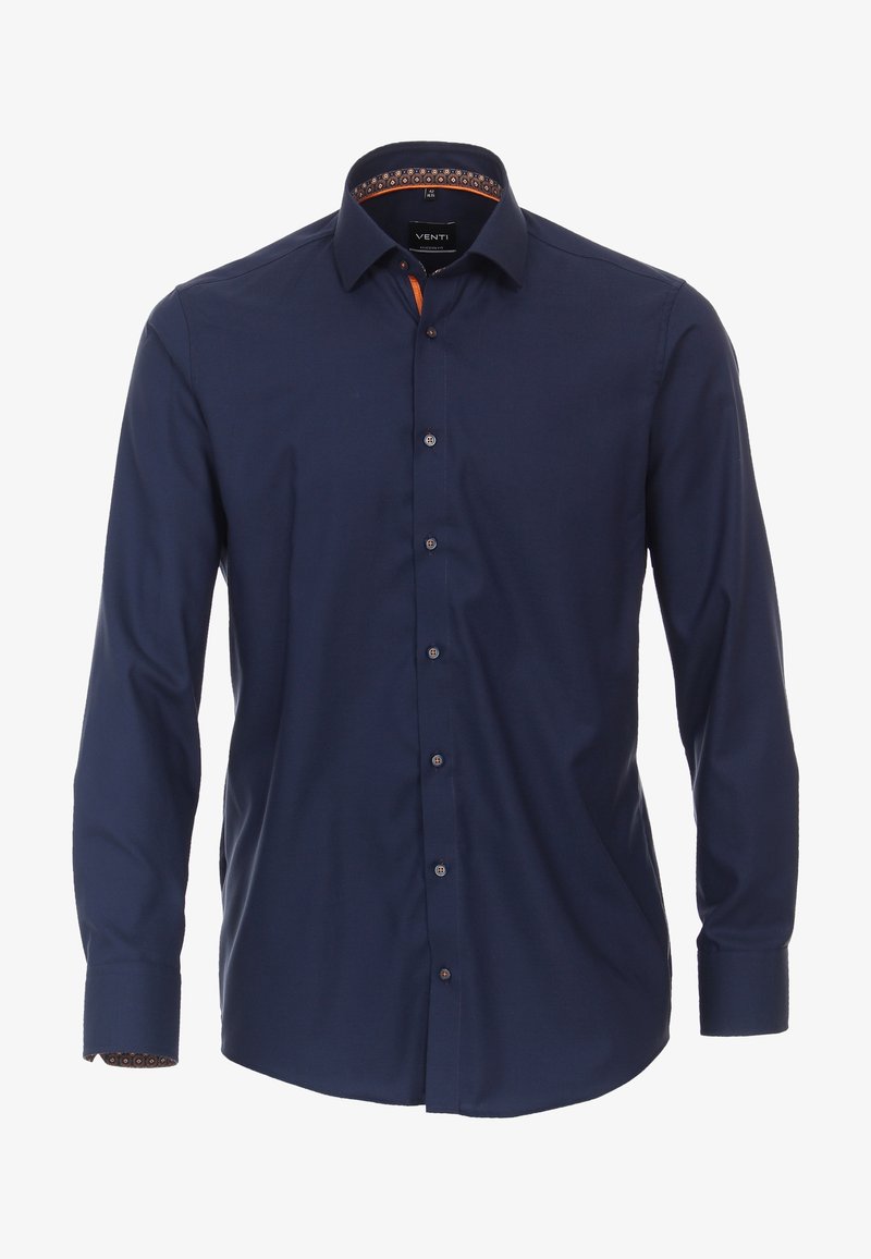 Chemise habillée homme bleu marine à manches longues avec boutons sur le devant et col et poignets intérieurs à motifs, coupe ajustée.